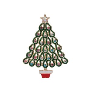 Christmas tree brooch with green enamel and colorful rhinestones on gold metal base