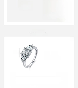 Detail of 925 sterling silver S925 hallmark and three-stone square cut ring dimensions