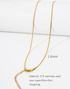 Macro view of 1.6mm 18k gold plated 316 stainless steel chain with technical specs