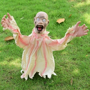 Halloween Swinging Zombie Ghost Ground Stake Voice Activated Glowing Eyes Scary Sound Outdoor Yard Prop Plastic Fabric