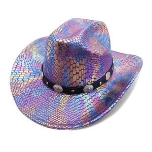 Iridescent snakeskin western cowboy hat with colorful metallic finish and silver concho band