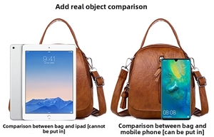 Size comparison of brown leather crossbody bag with smartphone and tablet devices