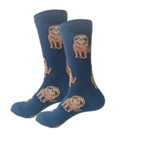 Detailed view of blue crew socks featuring a cute brown sloth pattern on white background