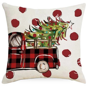 Christmas pillow cover with red plaid truck and green tree pattern on cotton linen