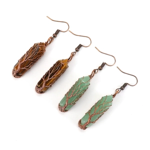 Handmade wire wrapped tree of life earrings with hexagonal natural crystal stones