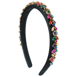 Baroque padded black satin headband featuring colorful rhinestone crystals and gold settings