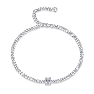 Detailed view of S925 silver Cuban link bracelet with oval-cut moissanite stone
