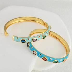 European Fashion Copper Gold Plated Enamel Bangle With Colorful Rhinestones Inlaid Luxury Bangle For Women Party Jewelry