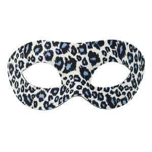 Classic blue and black leopard print party mask with soft flocking texture on white background