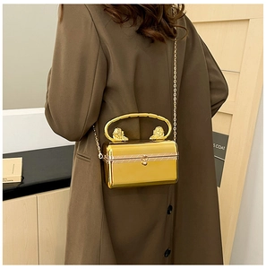 Detail of gold acrylic box bag with lion head handles and chain strap on a model