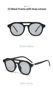 Front and side views of vintage pilot double-bridge sunglasses with glossy black frames