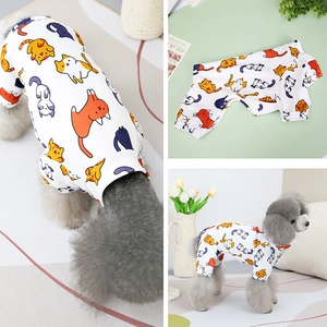 Pet dog four-legged pajamas with cute cartoon cat prints in soft white cotton fabric