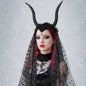 Gothic black horn headband with polka dot mesh veil and floral decor for Halloween parties