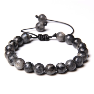 Detail of grey labradorite stone beads with adjustable handmade braided black rope