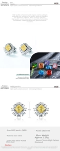 Detailed macro view of S925 silver square yellow halo earrings with 4x4mm stones