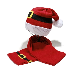Christmas Santa knit hat and scarf set featuring festive red belt pattern and white pompom