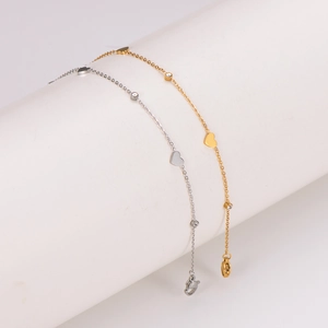 Minimalist stainless steel heart anklet set in gold and silver finish with lobster clasp