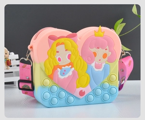 Detail of heart-shaped macaron silicone pop-it crossbody bag with cartoon princess design