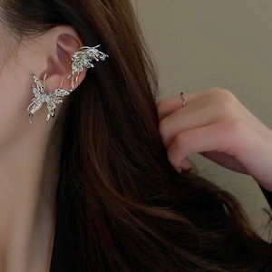 Silver pleated butterfly liquid metal ear cuff with tassel design for women