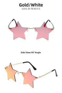 Close-up of star-shaped rimless sunglasses with pink gradient lenses and gold metal frame