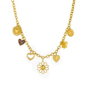 Gold stainless steel necklace featuring heart, flower, and butterfly pendants on white background