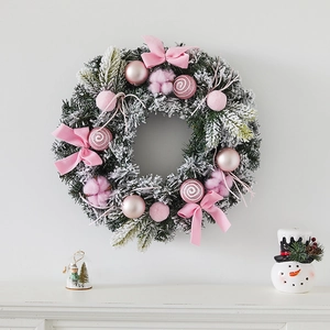 Couronne De Noël Nœud En Velours Rose Aiguille De Pin Givrée Lumière LED Ornement Suspendu Maison Porte Mur Hiver