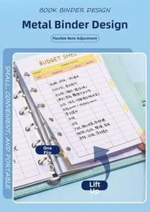 Detail view of the six-hole metal binder and budget sheets in a light blue leather journal