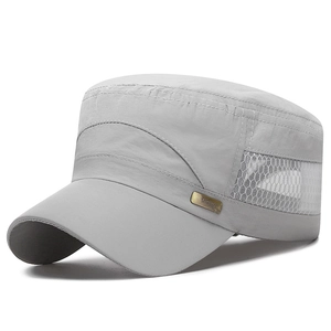 Breathable light grey cadet cap with side mesh panels and adjustable flat top design