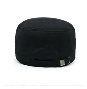 Detail view of the black wool military cap featuring an adjustable metal back strap