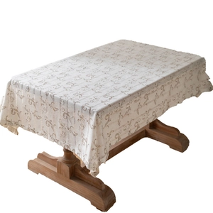 French cotton linen rectangular beige tablecloth with damask pattern and wavy edges