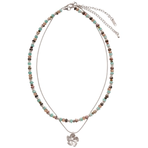 Double-layered stainless steel necklace with colorful beads and a floral pendant on white