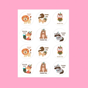 Adesivi tondi thank you con animali arcobaleno leone volpe e gufo decorativi