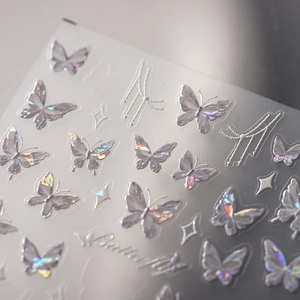 5D embossed butterfly nail art stickers with laser holographic effect and star elements
