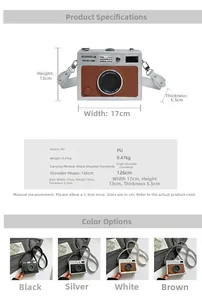 Detailed size specifications for the vintage camera crossbody bag in PU leather