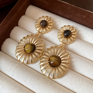 Golden brushed metal drop earrings featuring brown tiger eye stones in a jewelry box