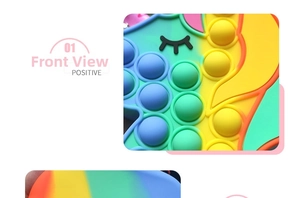 Detailed front view of rainbow unicorn silicone pop fidget toy shoulder bag for kids
