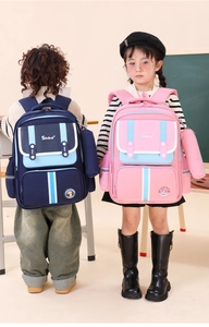 Close-up of children's ergonomic backpacks with reflective strips and matching pencil cases
