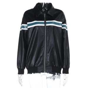Front view of a black faux leather motorcycle jacket with green and white racing stripes