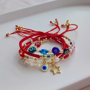 Bohemian Evil Eye Bracelets With Freshwater Pearl And Handmade Woven Red Rope 18K Gold Plated Ethnic Style For Women