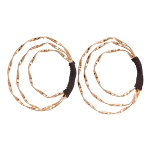 Layered gold geometric hoop earrings with twisted metal texture and brown thread wrap