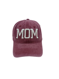 Close-up of white MOM 3D embroidery on washed cotton burgundy baseball cap fabric