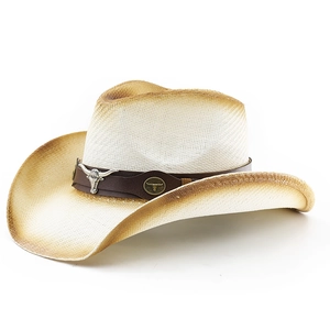 Chapeau de cowboy en paille crème avec bord dégradé et lanière en cuir à tête de taureau