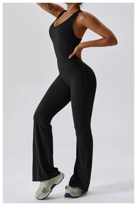 Sleeveless deep V-neck flared yoga jumpsuit in black with slim fit shaping effect