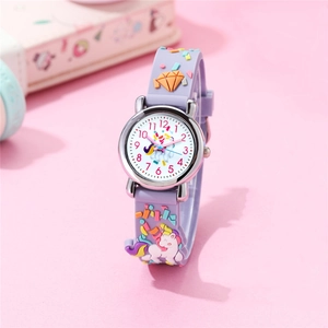 Kids purple unicorn quartz watch with colorful silicone strap and rainbow pattern