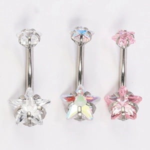 Pentagram zircon stainless steel navel rings set in clear, iridescent, and pink colors