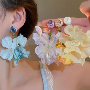 Fabric Flower Dangle Earrings With 925 Sterling Silver Earring Post Rose Bud Tassel Bohemian Vacation Style Jewelry For Women