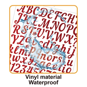 Close-up of waterproof red vinyl alphabet stickers showing durable water splash effect