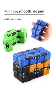 Macro view of multi-color infinite cube stress relief toy showing smooth hinge flipping