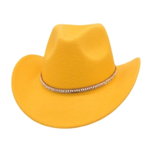Detailed view of yellow wool cowboy hat with white pearl decorative band and brim