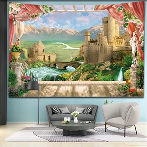 Detail of European castle landscape tapestry used as a wall hanging in a modern living room